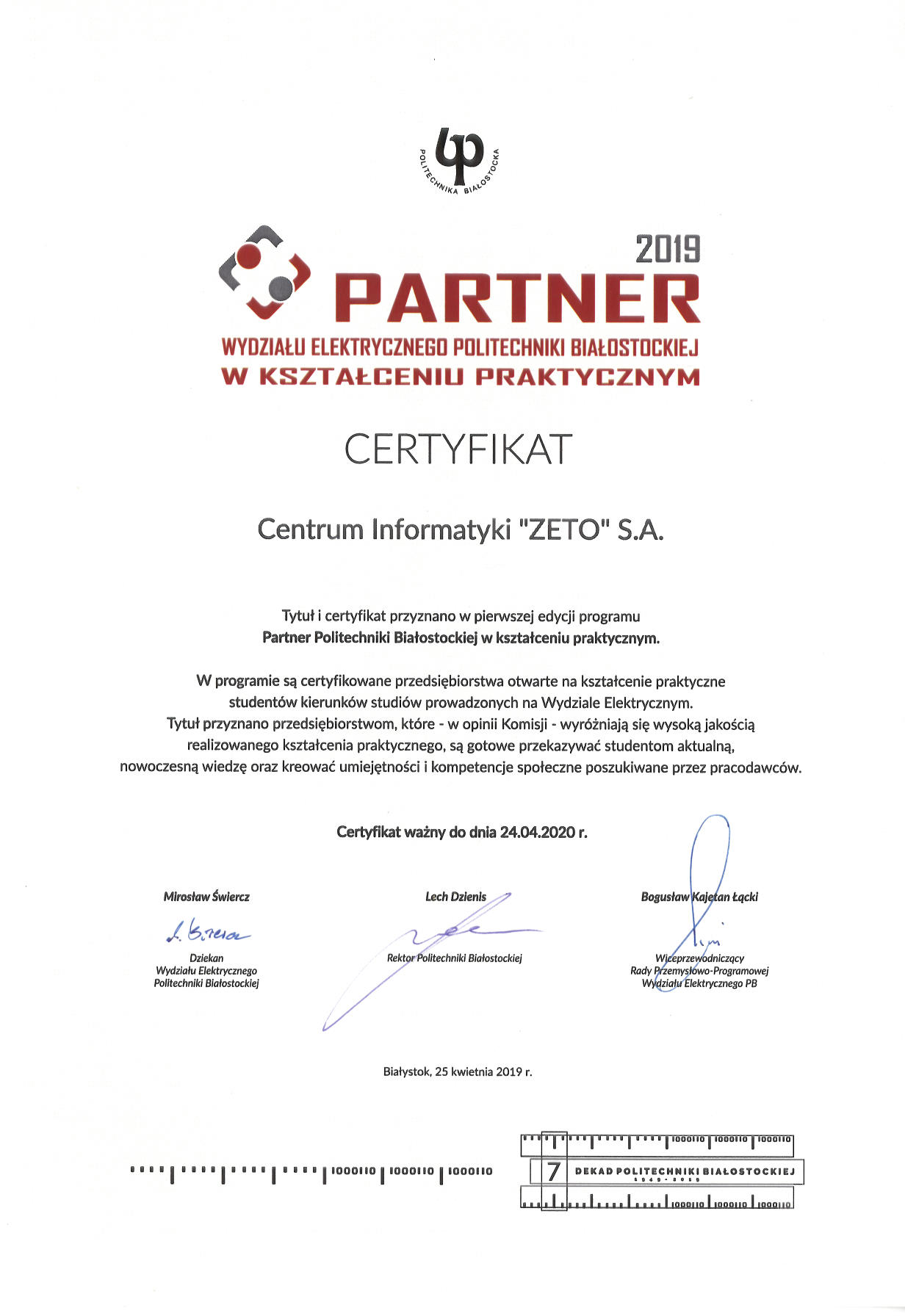 Partner Wydziału Elektrycznego Politechniki Białostockiej - Certyfikat
